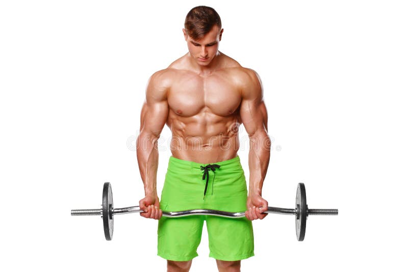 El hombre muscular que resuelve hacer ejercita con el barbell en el bíceps, ABS desnudo masculino fuerte del torso, aislado sobre imagen de archivo libre de regalías El hombre muscular que resuelve hacer ejercita con el barbell en el bíceps, ABS desnudo masculino fuerte del torso, aislado sobre imagen de archivo libre de regalías