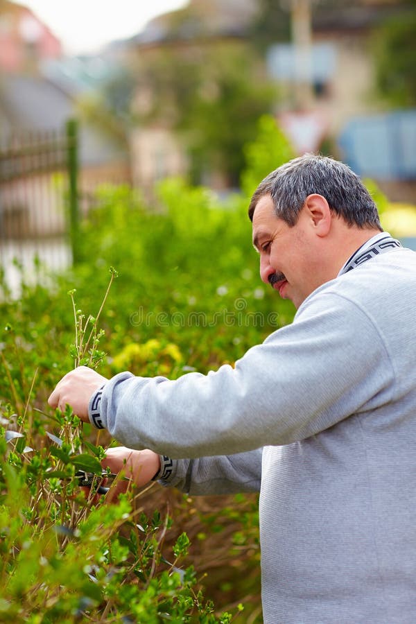 El hombre sonriente con la incapacidad que trabaja en primavera cultiva un huerto imágenes de archivo libres de regalías El hombre sonriente con la incapacidad que trabaja en primavera cultiva un huerto imágenes de archivo libres de regalías