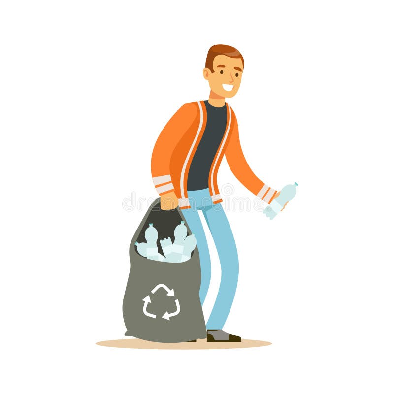 El hombre sonriente que recolecta concepto de la basura y de las botellas, del reciclaje de residuos y de la utilización del plás libre illustration El hombre sonriente que recolecta concepto de la basura y de las botellas, del reciclaje de residuos y de la utilización del plás libre illustration