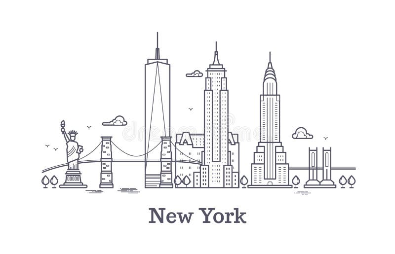 El horizonte del esquema de New York City, la línea silueta del nyc, el turista de los E.E.U.U. y el viaje vector concepto
