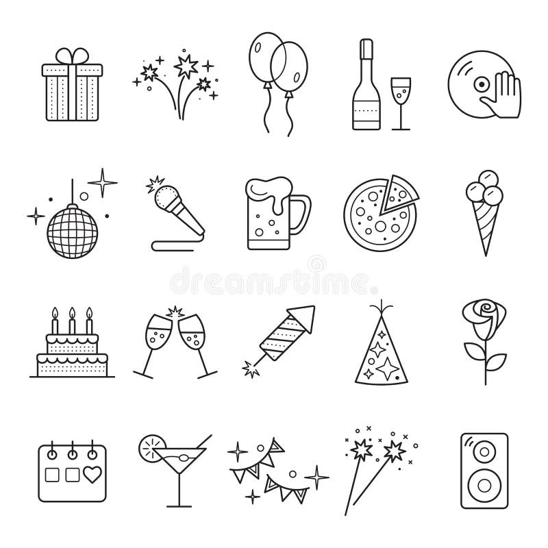 El icono del web del esquema fijó - el partido, cumpleaños, días de fiesta stock de ilustración El icono del web del esquema fijó - el partido, cumpleaños, días de fiesta stock de ilustración