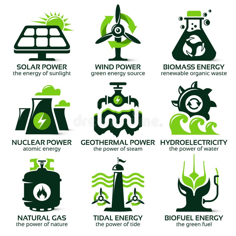 El icono plano fijó para las fuentes de energía alternativas amistosas del eco stock de ilustración