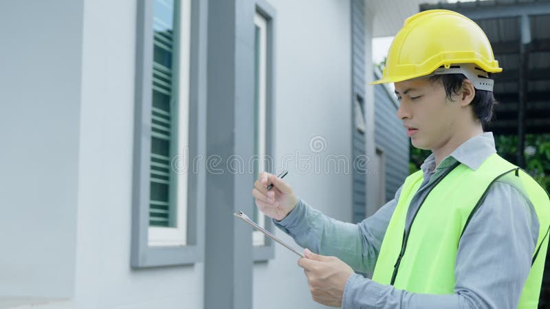 El inspector o el ingeniero inspecciona e inspecciona un edificio o una casa utilizando una lista de control. ingenieros y arquite