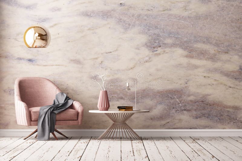 El interior con la butaca y una tabla en un fondo de una pared de mármol, 3d rinde, el illustrationMock 3d encima del cartel en e libre illustration El interior con la butaca y una tabla en un fondo de una pared de mármol, 3d rinde, el illustrationMock 3d encima del cartel en e libre illustration