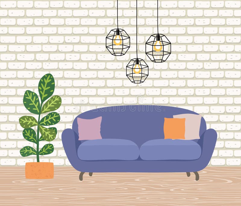 El interior de la habitación, con un sofá amarillo, lámparas y una planta Suelo y pared de madera stock de ilustración