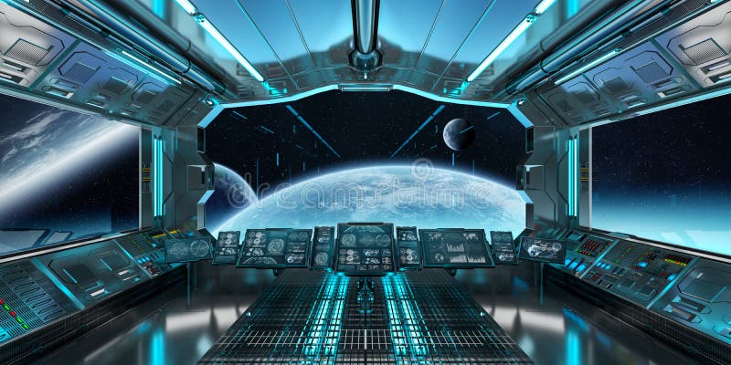 El interior de la nave espacial con la opinión sobre el sistema distante 3D de los planetas rinde