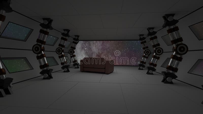El interior de la nave espacial con relaja la opinión del sofá sobre espacio y el ejemplo distante del sistema 3D de los planetas stock de ilustración El interior de la nave espacial con relaja la opinión del sofá sobre espacio y el ejemplo distante del sistema 3D de los planetas stock de ilustración