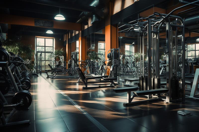 The gyms interior houses a diverse collection of exercise equipment for members Generative AI. The gyms interior houses a diverse collection of exercise equipment for members Generative AI