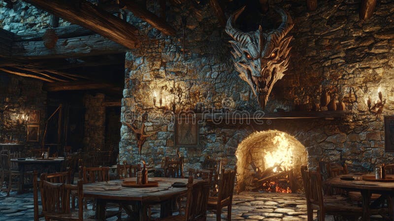 El interior de una taberna medieval de fantasía con mesas junto a la chimenea y renderización 3d de la comida. ilustración del vector