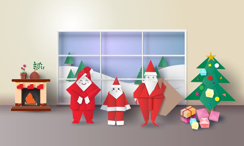 El interior del sitio de la Navidad con Papá Noel, abeto, presenta papiroflexia, y la chimenea, estilo del arte 3D del papel del libre illustration El interior del sitio de la Navidad con Papá Noel, abeto, presenta papiroflexia, y la chimenea, estilo del arte 3D del papel del libre illustration