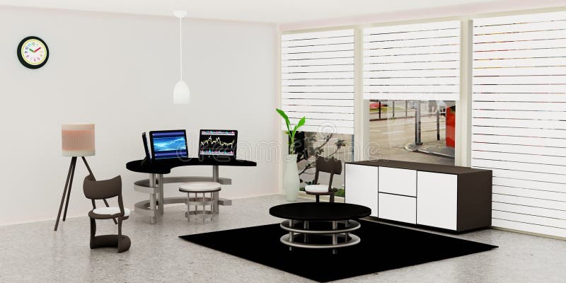 El interior moderno del sitio de trabajo, equipo de escritorio negro 3 puso en una tabla de cristal delante de la pared blanca libre illustration El interior moderno del sitio de trabajo, equipo de escritorio negro 3 puso en una tabla de cristal delante de la pared blanca libre illustration