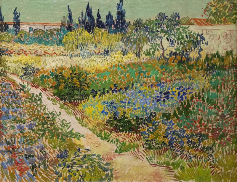 The Garden with blue sky, the orange, yellow, red flowers, at southern French town of Arles, 1888, Vincent Van Gogh, a Dutch post-impressionist painter, famous for landscapes, still lifes, portraits and self-portraits. Work of art, paint, brush, sketch, colour, oil on canvas, abstract texture, graphic minimalist, watercolour, palette of artist, pencil and brushstroke. The Garden with blue sky, the orange, yellow, red flowers, at southern French town of Arles, 1888, Vincent Van Gogh, a Dutch post-impressionist painter, famous for landscapes, still lifes, portraits and self-portraits. Work of art, paint, brush, sketch, colour, oil on canvas, abstract texture, graphic minimalist, watercolour, palette of artist, pencil and brushstroke.