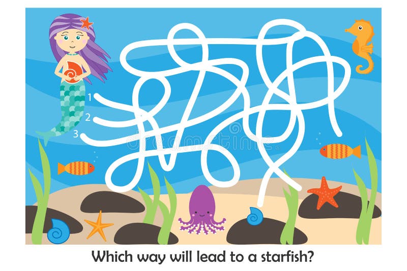El juego del laberinto, ayuda a la sirena a encontrar una manera a las estrellas de mar, personaje de dibujos animados lindo, act stock de ilustración El juego del laberinto, ayuda a la sirena a encontrar una manera a las estrellas de mar, personaje de dibujos animados lindo, act stock de ilustración
