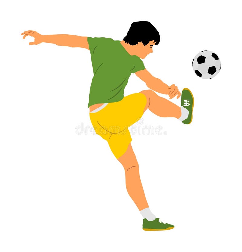 El jugador de fútbol golpea la bola con el pie en el ejemplo del vector de la acción aislado en el fondo blanco Batalla del futbo