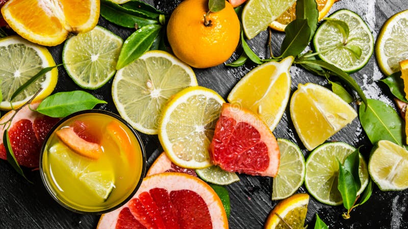 El jugo de los agrios - pomelo, naranja, mandarina, limón, cal en el vidrio fotos de archivo El jugo de los agrios - pomelo, naranja, mandarina, limón, cal en el vidrio fotos de archivo