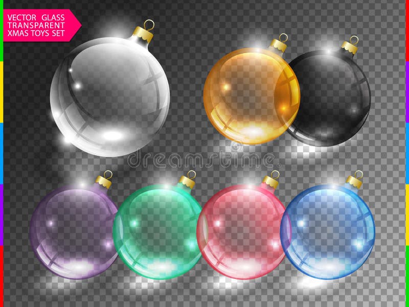 El juguete de cristal de la bola del árbol de navidad fijó en fondo transparente Icono brillante del globo de la Navidad de diver stock de ilustración