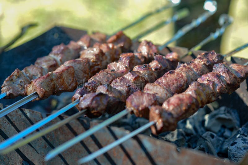 El kebab caliente fijado en los pinchos miente en la parrilla imagen de archivo libre de regalías El kebab caliente fijado en los pinchos miente en la parrilla imagen de archivo libre de regalías
