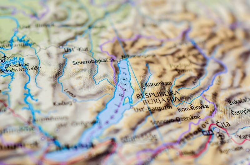 El lago Baikal en mapa fotografía de archivo El lago Baikal en mapa fotografía de archivo