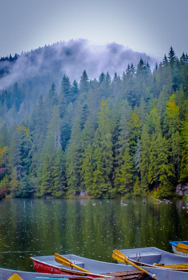 El Lago Rojo En Rumania Vertical Foto de archivo Imagen de cala