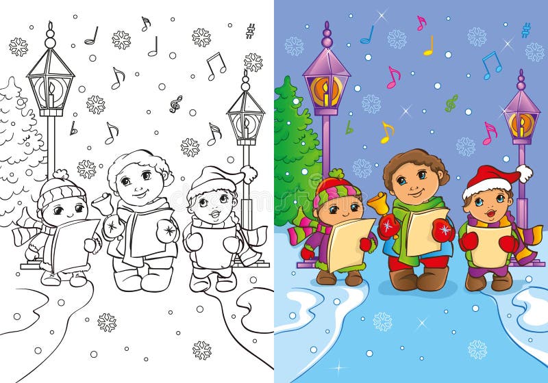 Vector illustration of children sing Christmas carols in the street for coloring page for kids. Vector illustration of children sing Christmas carols in the street for coloring page for kids