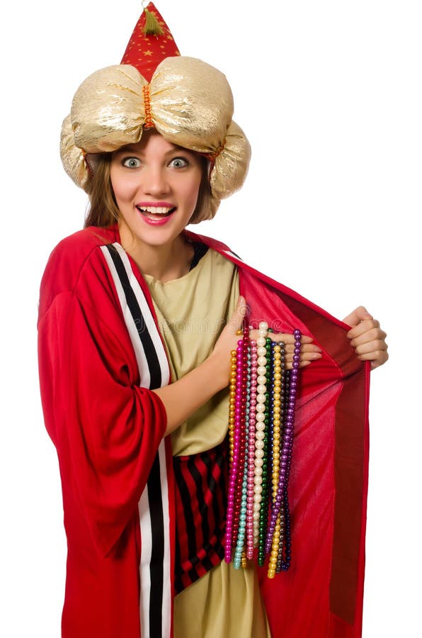 El mago de la mujer en la ropa roja aislada en blanco foto de archivo El mago de la mujer en la ropa roja aislada en blanco foto de archivo
