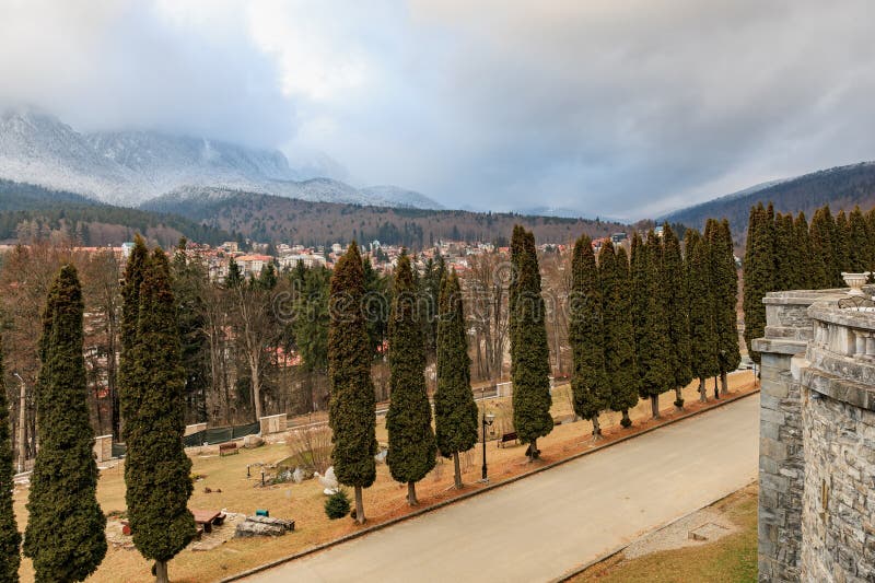 El majestuoso paisaje montañoso con árboles y senderos serenos fotografía de archivo libre de regalías