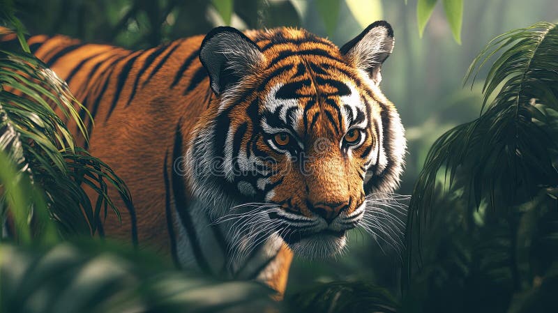 El majestuoso tigre Naranja en la exuberante selva verde stock de ilustración
