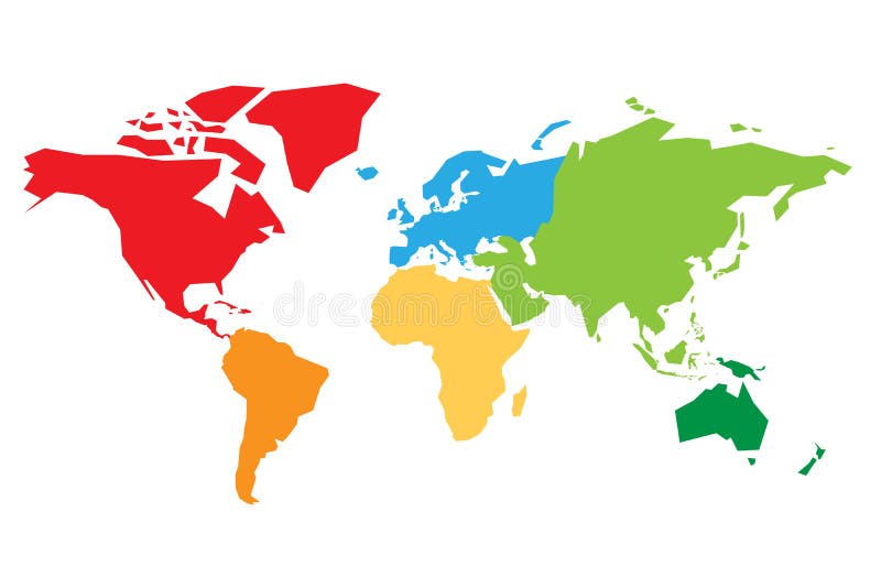 El mapa del mundo dividió en seis continentes Cada continente en diverso color Ejemplo plano simple del vector