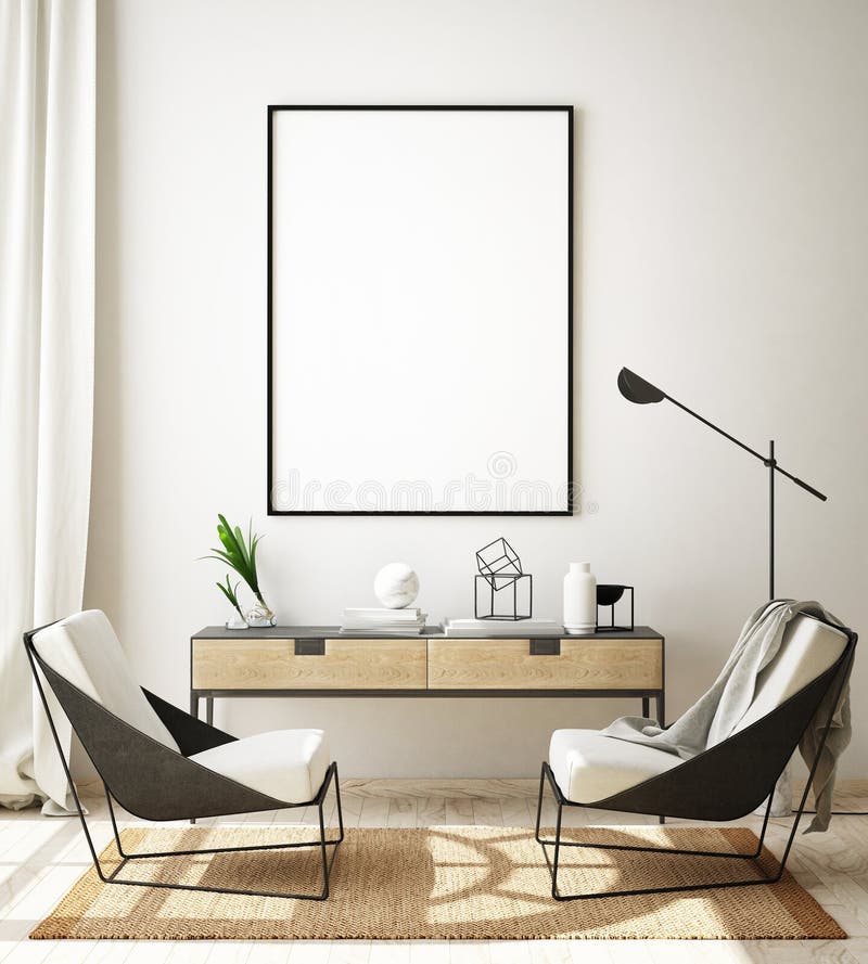 El marco ascendente falso del cartel en el fondo interior moderno, sala de estar, estilo escandinavo, 3D rinde, el ejemplo 3D