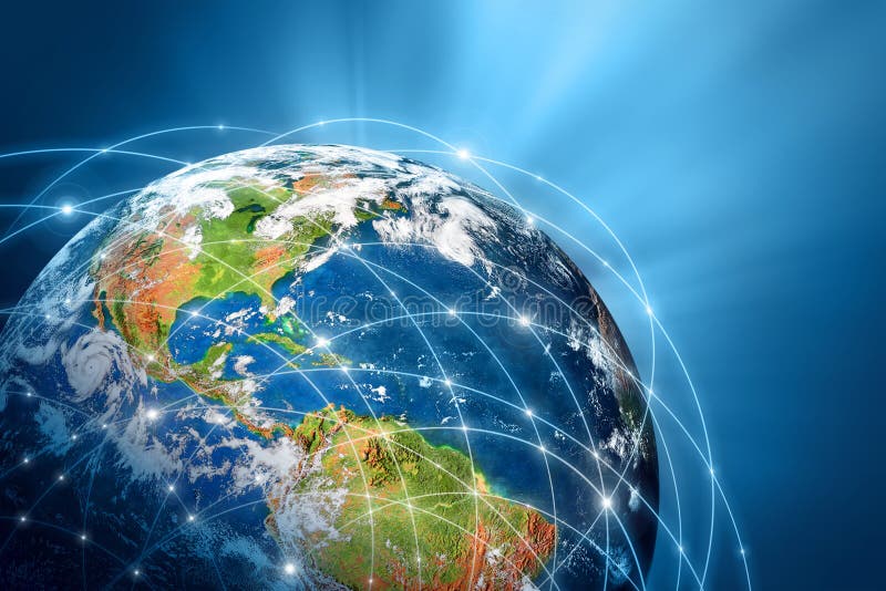 El mejor concepto del Internet de asunto global de la serie de los conceptos. Tierra del planeta con el levantamiento del sol