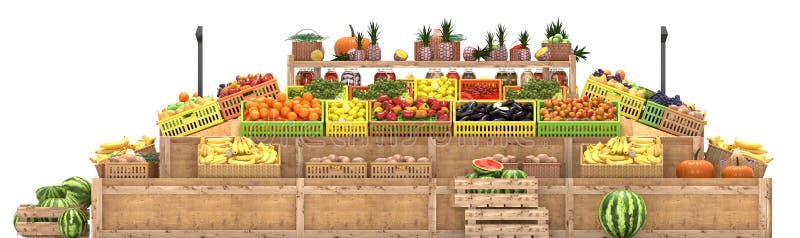 El mercado atasca con las frutas y verduras, comida fresca, aislada en el fondo blanco, 3d rinde