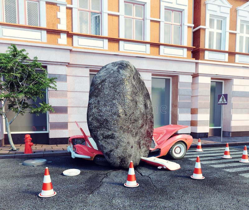 Meteorite fell on a parked car. 3d concept. Meteorite fell on a parked car. 3d concept