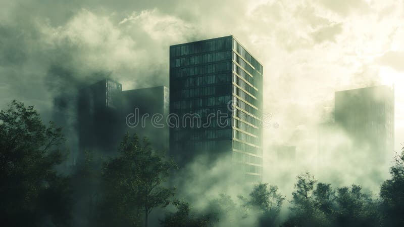 El misterioso paisaje urbano generativo de la IA con los edificios rodeados por el concepto de negocio de la niebla. stock de ilustración