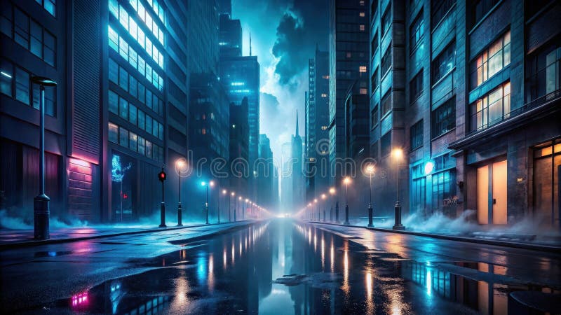 El misterioso paisaje urbano nocturno una calle de ciudad húmeda al ocaso con piscinas reflexivas y luces brillantes reflejando en stock de ilustración