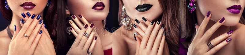 El modelo de moda de la belleza con diverso maquillaje y el clavo diseñan la joyería que lleva Sistema de la manicura Cuatro mira foto de archivo El modelo de moda de la belleza con diverso maquillaje y el clavo diseñan la joyería que lleva Sistema de la manicura Cuatro mira foto de archivo