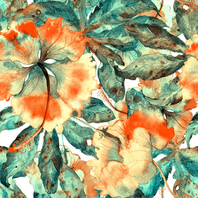 El modelo exótico dibujado mano de la acuarela inconsútil con las hojas y el hibisco de la pasionaria florece stock de ilustración El modelo exótico dibujado mano de la acuarela inconsútil con las hojas y el hibisco de la pasionaria florece stock de ilustración