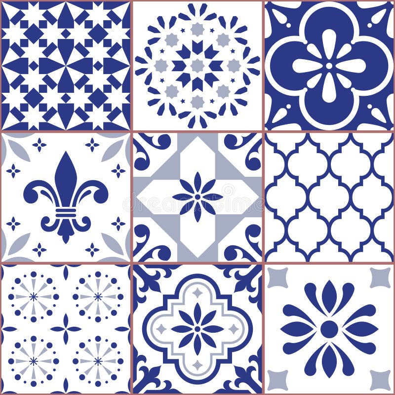 El modelo inconsútil de la teja portuguesa del vector, Azluejo teja el mosaico en los diseños de los azules marinos, abstractos y libre illustration El modelo inconsútil de la teja portuguesa del vector, Azluejo teja el mosaico en los diseños de los azules marinos, abstractos y libre illustration