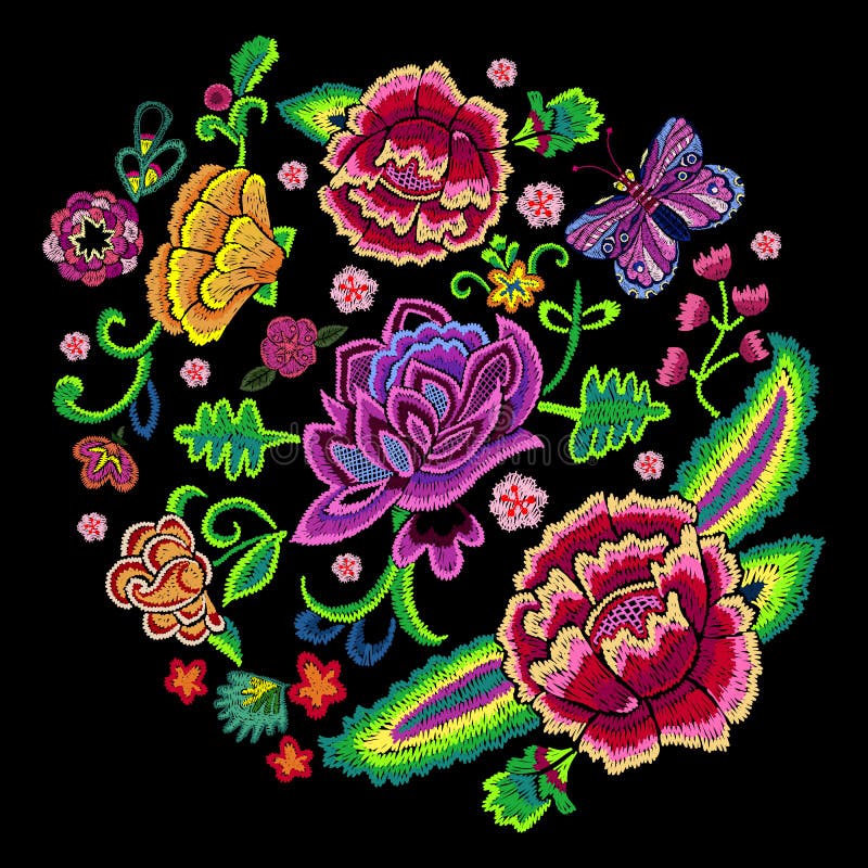 El modelo redondo de la tendencia del bordado con colorido simplifica ilustración del vector El modelo redondo de la tendencia del bordado con colorido simplifica ilustración del vector