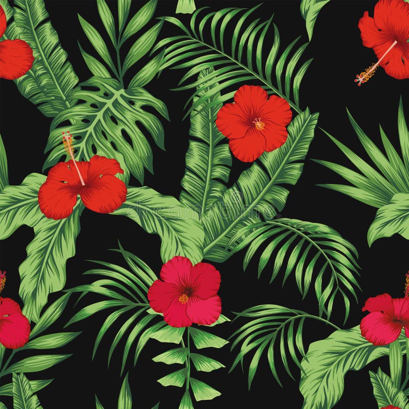 El modelo tropical sale las flores del fondo negro incons?til ilustración del vector El modelo tropical sale las flores del fondo negro incons?til ilustración del vector