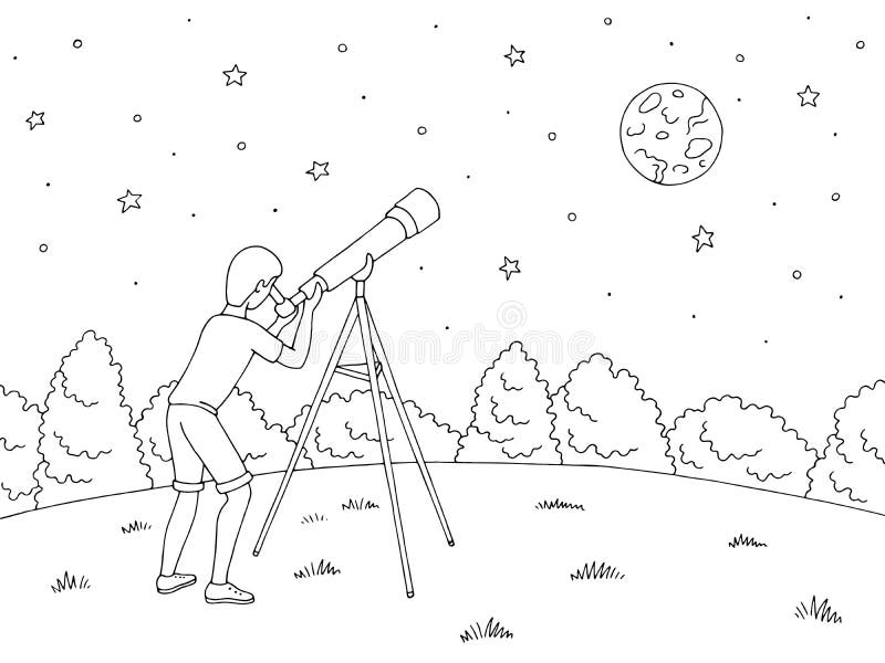 El muchacho está mirando las estrellas a través de un telescopio Vector blanco negro gráfico del ejemplo del bosquejo del paisaje ilustración del vector El muchacho está mirando las estrellas a través de un telescopio Vector blanco negro gráfico del ejemplo del bosquejo del paisaje ilustración del vector