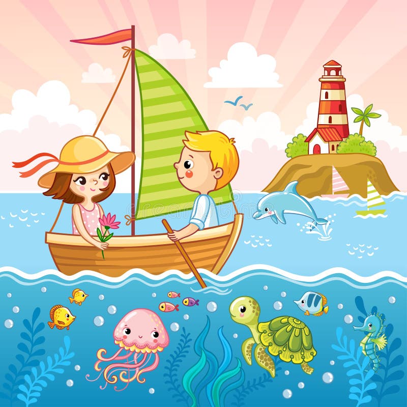 El muchacho y una muchacha están navegando en un velero por el mar ilustración del vector El muchacho y una muchacha están navegando en un velero por el mar ilustración del vector