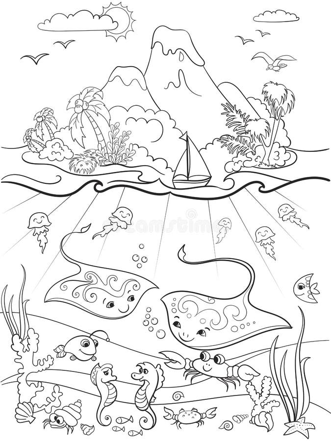 El mundo subacuático con el colorante de los pescados, de las plantas, de la isla y del caravel para la historieta de los niños v ilustración del vector El mundo subacuático con el colorante de los pescados, de las plantas, de la isla y del caravel para la historieta de los niños v ilustración del vector