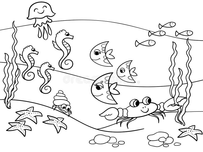 El Mundo Submarino El Fondo Marino Con Sus Habitantes. Vector De Dibujos  Animados Para Colorear Ilustración del Vector - Ilustración de cuadro,  superficie: 174542421