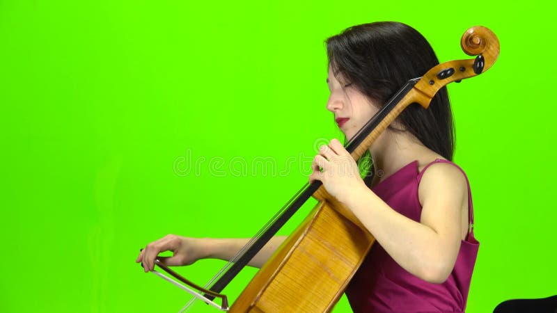 El músico toca el violoncelo profesionalmente Pantalla verde Vista lateral