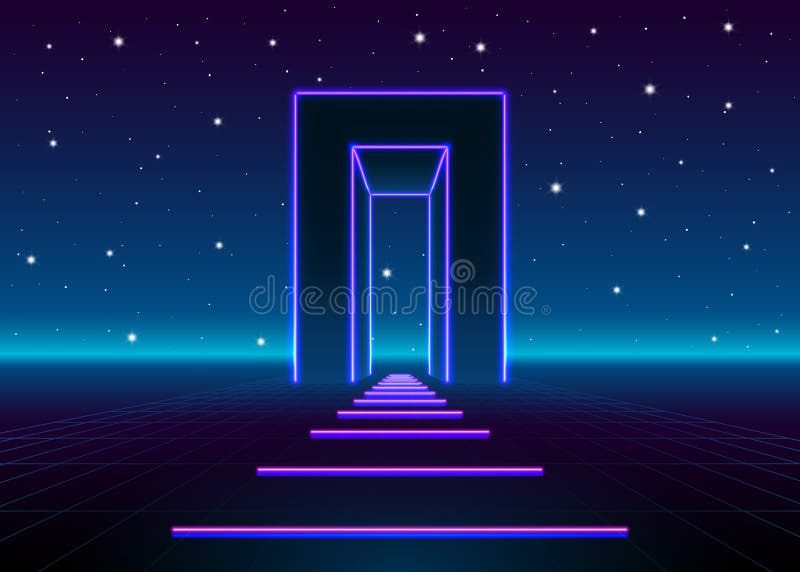 El neón 80s diseñó la puerta masiva en paisaje retro del juego con el camino brillante al futuro ilustración del vector El neón 80s diseñó la puerta masiva en paisaje retro del juego con el camino brillante al futuro ilustración del vector