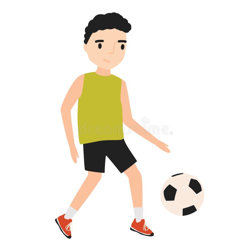 Conjunto de niños pequeños con camiseta y pantalones cortos jugando al  fútbol, niños de dibujos animados lindos pateando un balón de fútbol en  blanco.