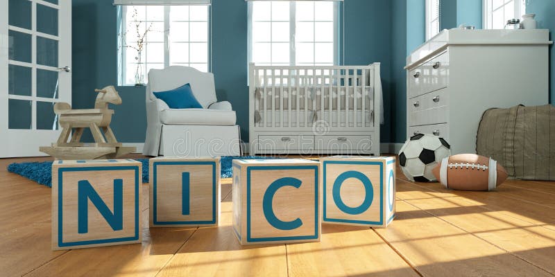 El nombre Nico escrito con los cubos de madera del juguete en sitio del ` s de los niños