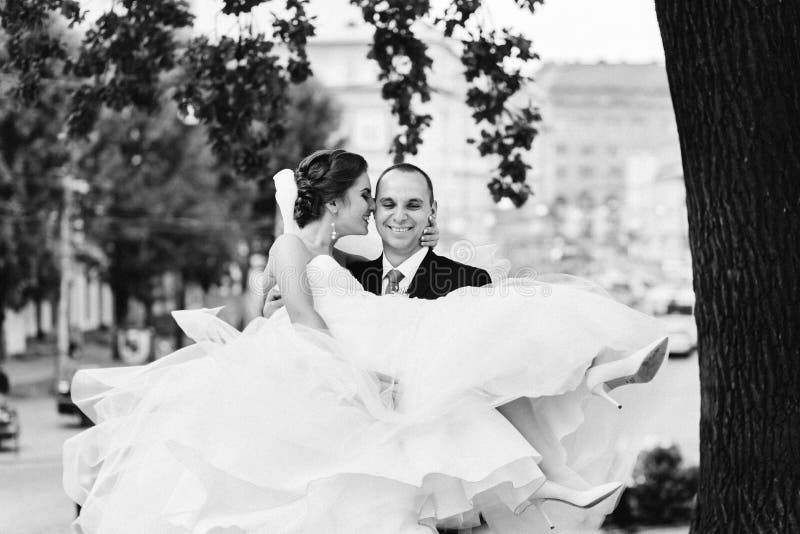 El novio sonriente lleva a la novia en vestido magnífico en sus brazos fotos de archivo libres de regalías El novio sonriente lleva a la novia en vestido magnífico en sus brazos fotos de archivo libres de regalías