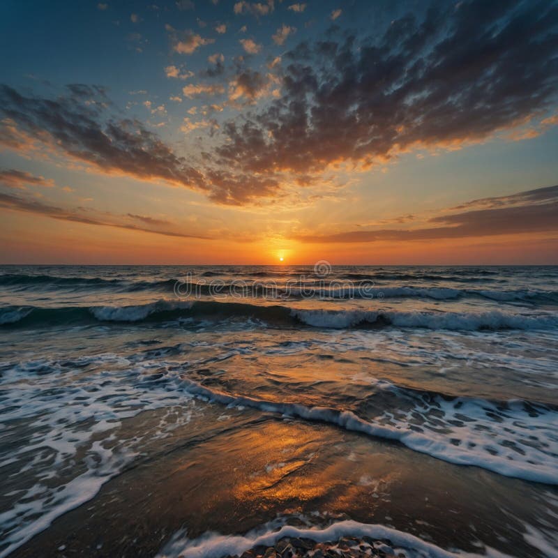 El océano es tranquilo y el sol está creando un. El océano está tranquilo y el sol se pone creando un ambiente agradable y sereno. El agua es de un color azul profundo y el cielo está lleno de nubes que crean una sensación de tranquilidad y de paz generada por la IA