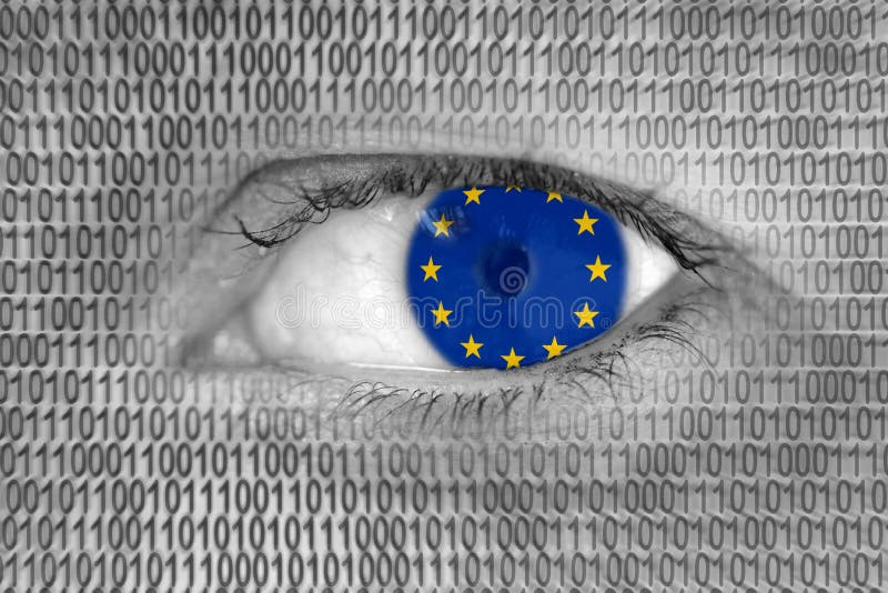 El ojo de la mujer con la bandera de la unión europea de E. - y de los números de código binario